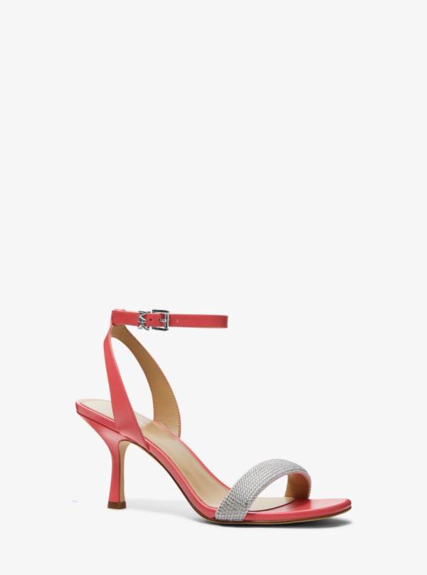 Damske Sandále Michael Kors Carrie Embellished Leather Svetlo Červené - Topanky Michael Kors Levně | TXGDB-3781